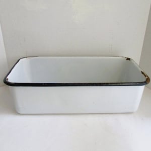 Vintage Enamelware Pan White Black Trim Large Bin Refrigerator Box