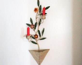 Vintage Flower Pot Candle Holder Rusty Metal Wall Art Made in Italy