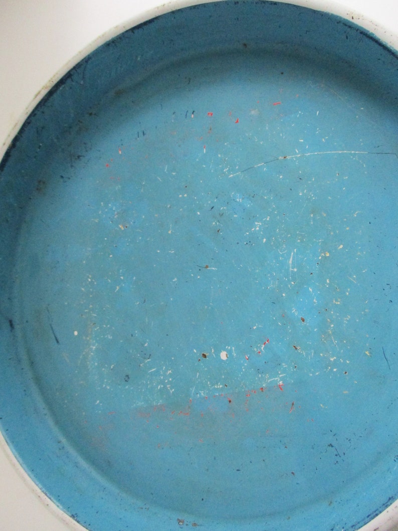 Vintage Blue Tray Metal Round Serving Tray White Trim Etsy