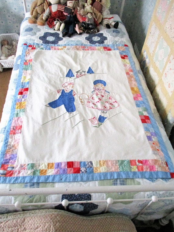 Small Nursery Rhyme Quilt, Baby Quilt, Vintage Quilt, Handmade Quilt