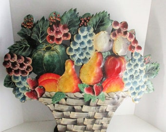 Vintage Metal Tole Screen Hand Painted Fruit Basket Freestanding Dummy Board Artist Signed