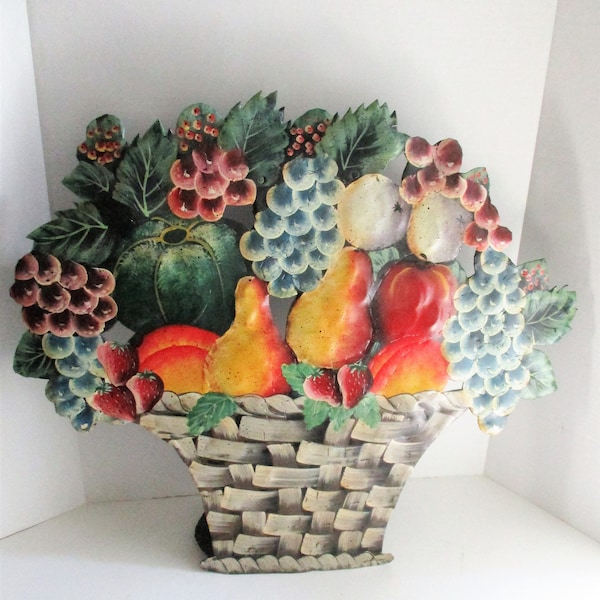 Vintage Metal Tole Screen Hand Painted Fruit Basket Freestanding Dummy Board Doorstop Wall Hanging Artist Signed