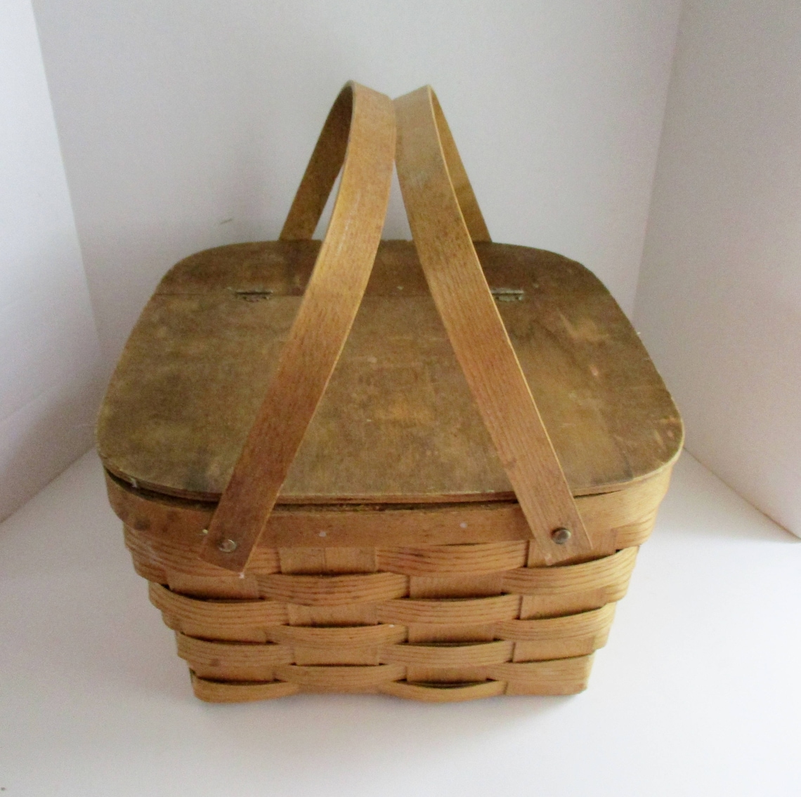 Vintage Basket Picnic Basket Wood Slat Basket Hinged Lid Etsy