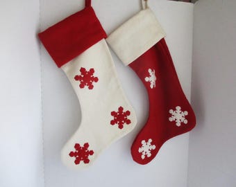 Vintage Christmas Stockings Wool Blend Red White Felt Snowflake Applique