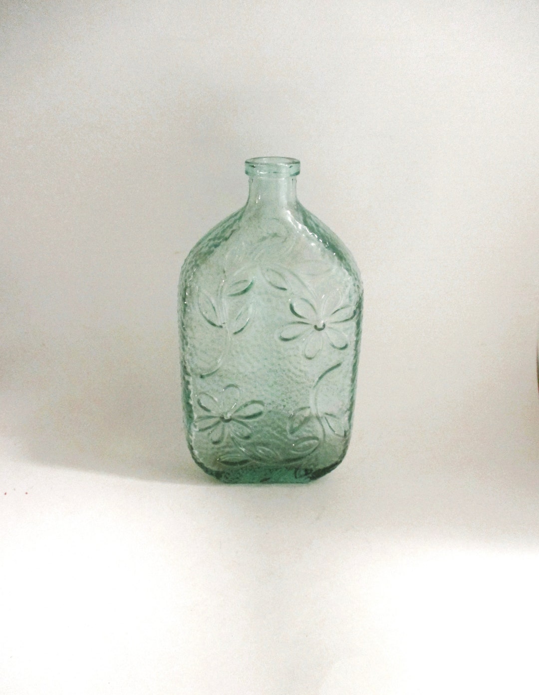 Vintage Glass Bottle Green Vase Embossed Flowers Etsy