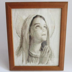Vintage Religious Needlepoint Art Praying Virgin Mary