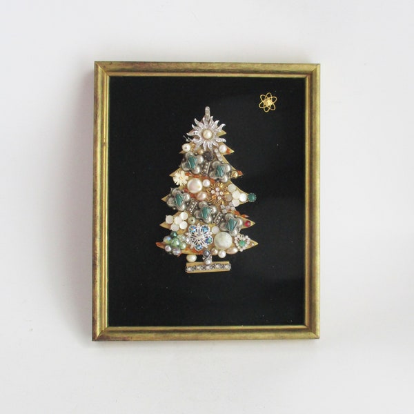 Vintage Jeweled Tree Framed Black Velvet World Saturn Pin Wall Art
