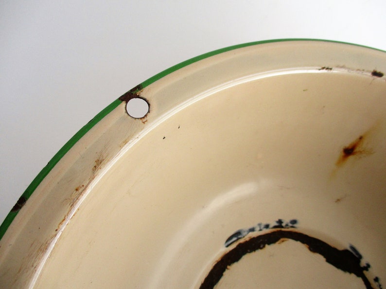Vintage Enamel Bowl Rare Beige Green Trim Rustic Chippy Rusty Flower Planter Wall Hanging