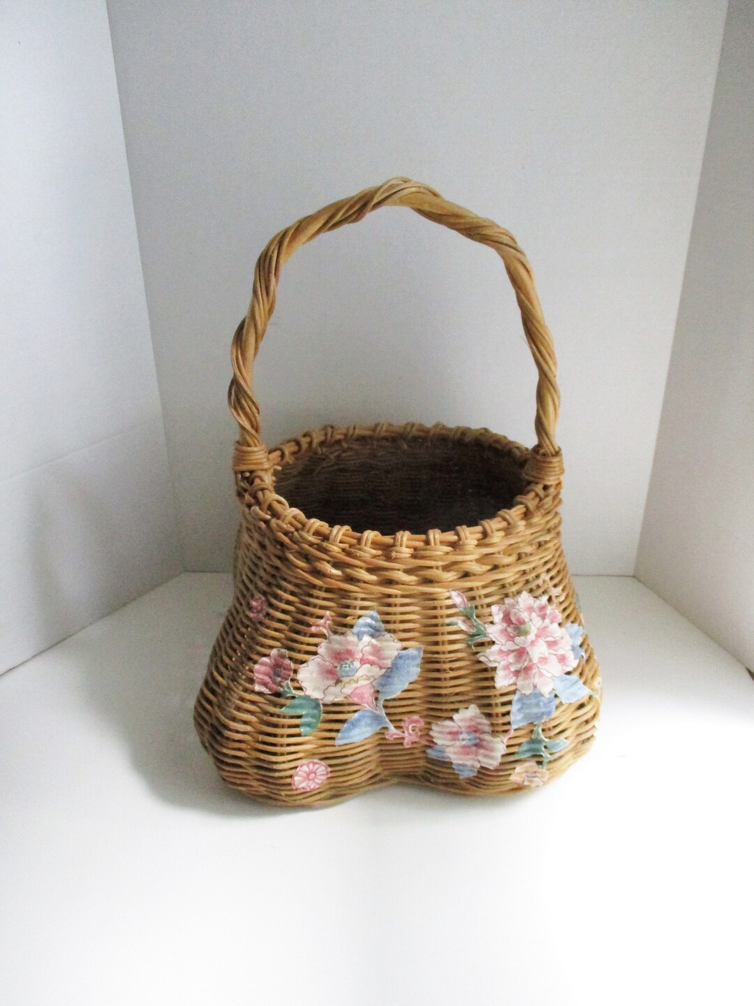 Vintage Basket Wicker Buttocks Floral Decoupage Etsy