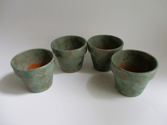 Vintage Terra Cotta Pots Two Sizes Sponge Hand Painted Sage