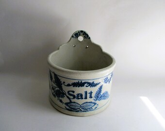 Antique Salt Box Stoneware Blue White Leaf Design Salt Cellar Wall Hanging