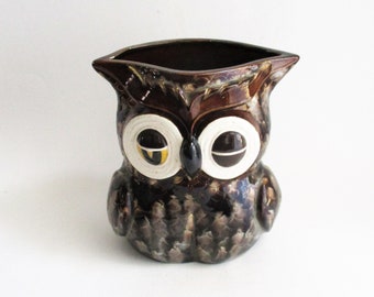 Vintage Owl Vase Ceramic Brown Glaze Planter