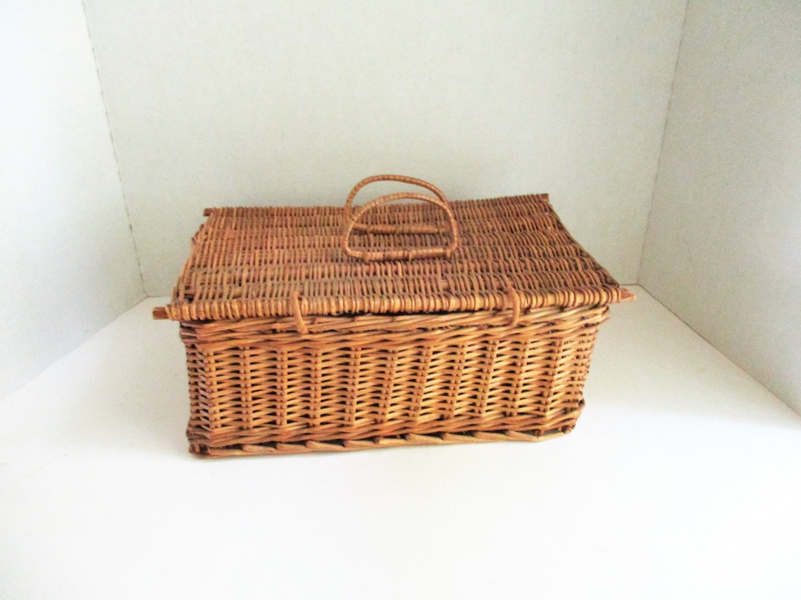 Vintage Wicker Basket Square with Lid Storage Home Decor Etsy