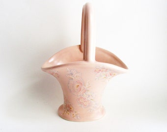 Vintage Ceramic Basket Peach Pink Floral Alnis California Pottery