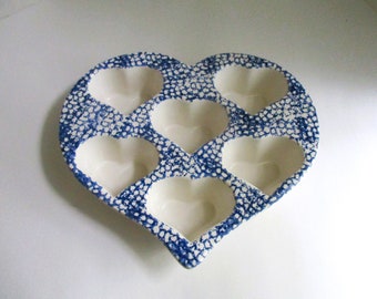 Vintage Heart Muffin Pan Cobalt Blue Spongeware Pottery