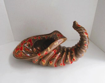 Vintage Ceramic Cornucopia Retro Brown Orange Glaze Atlantic Mold 1970's