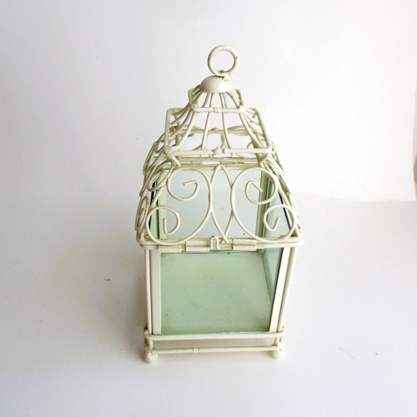 Vintage Hanging Lantern Candleholder Scrolls Glass Sides