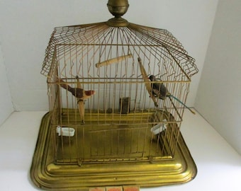 Vintage Domed Brass Birdcage Porcelain Feeders 1940s Decorative Cage