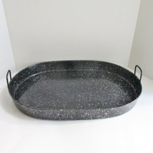 Vintage Black Splatterware Oval Pan Roaster with Handles Large Tray Farmhouse Kitchen