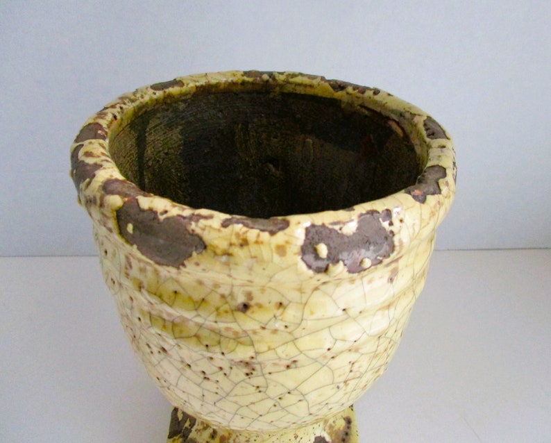 May include: A yellow ceramic planter with a crackled glaze and a brown rim. The planter has a wide, round opening and a square base.