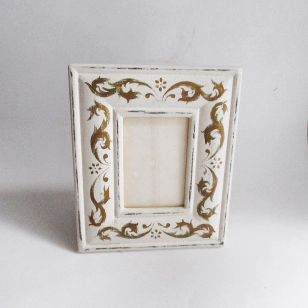 Vintage Picture Frame Cream Gold Ornate Stencil Tabletop Wall Hanging