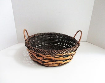 Vintage Basket Bamboo Rattan Two Tone Oval Double Handles Storage Decorative