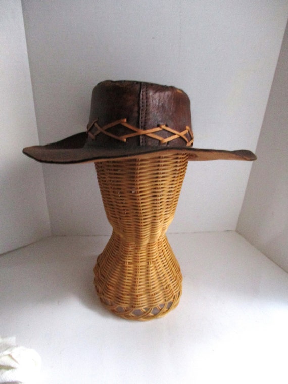 Vintage Leather Hat Handmade Brown Distressed Unis