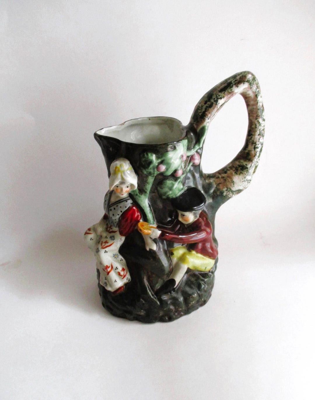 Tree Colorful Pitcher Antique Figural Pottery Pitcher Tree Trunk Jug With Pastoral Couple C ...