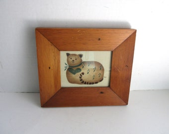 Vintage Framed Cat with Heart Theorem Folk Art Artist Signed