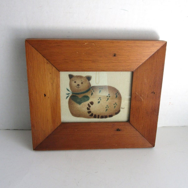 Vintage Framed Cat with Heart Theorem Folk Art Artist Signed