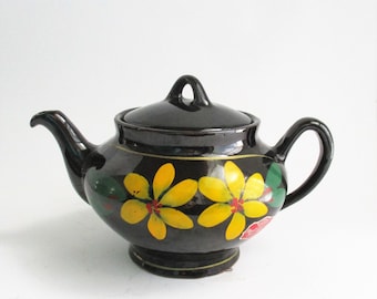 Vintage Teapot Black Yellow Flowers Royal Canadian Art Pottery
