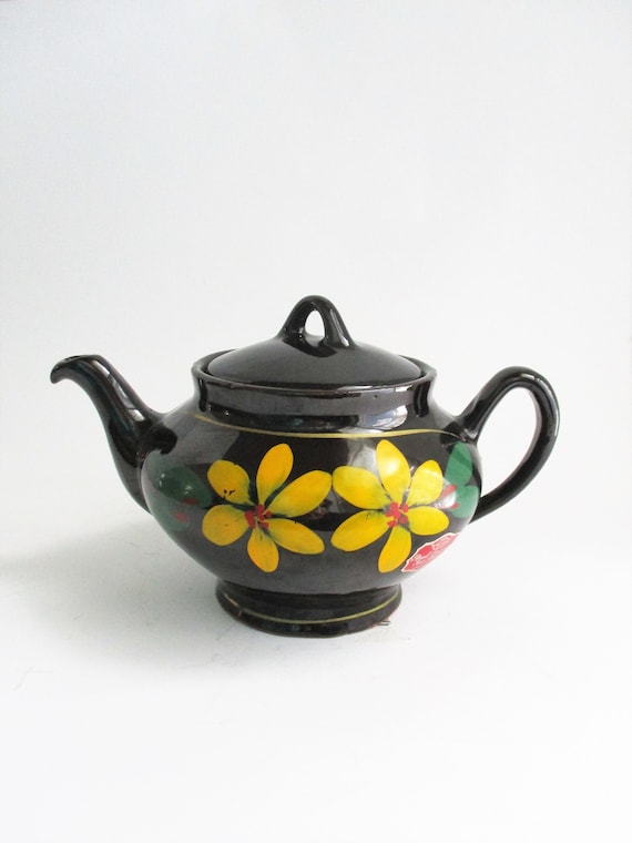 Tetera vintage Sin goteo Negro Amarillo Flores Royal Canadian | Etsy España