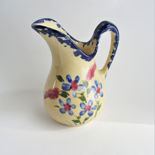 Vintage Pitcher Alpine Pottery 1996 Roseville Blue Pink Flowers Creamer