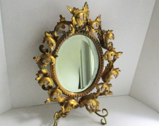 Vintage Ornate Framed Beveled Mirror on Stand Round Rococo Cast Iron