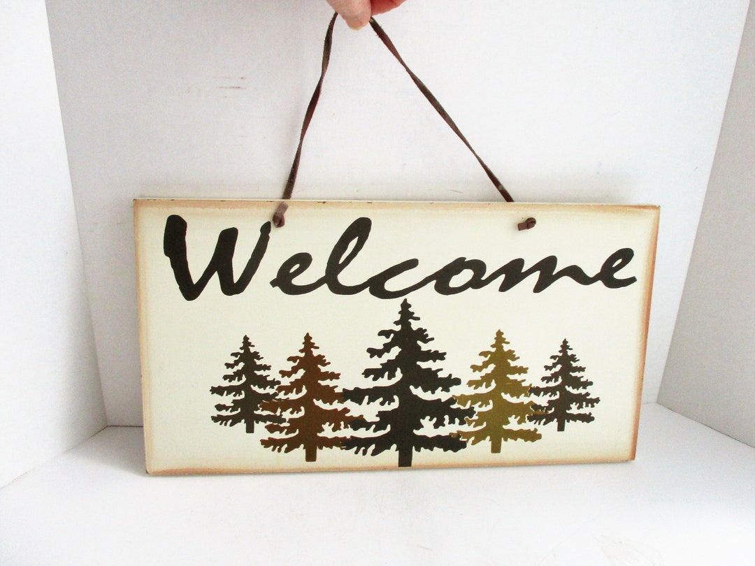 Vintage Sign Woodland Painted Wood Leather Cord Hanger Wall