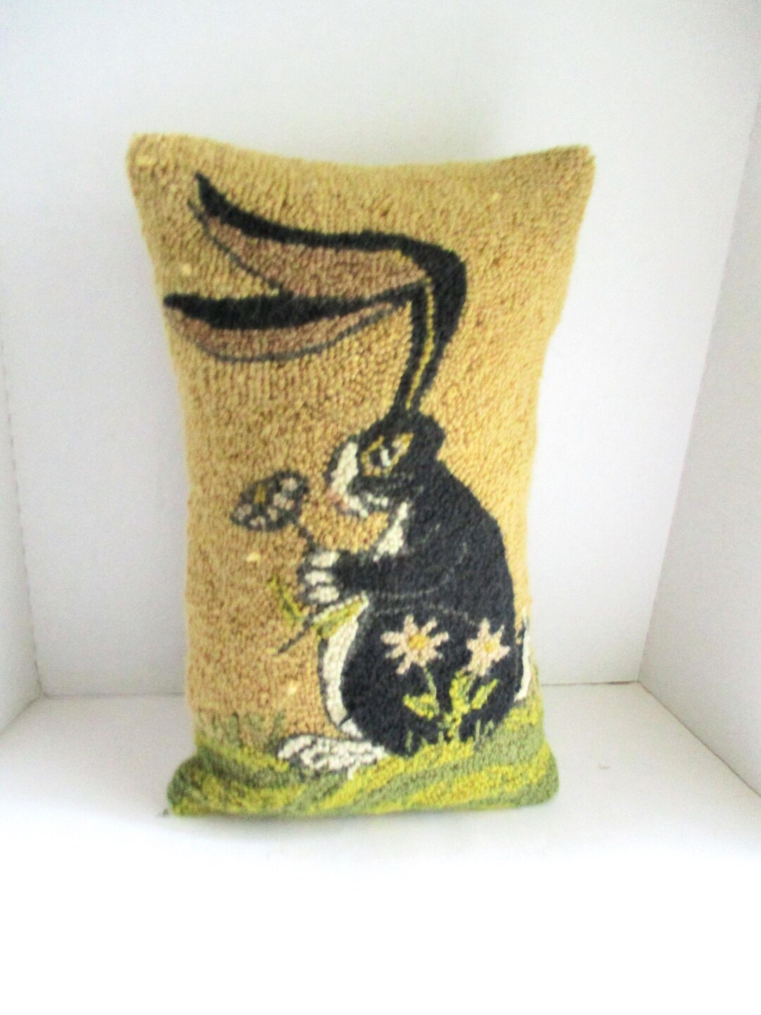 Vintage Large Hooked Rabbit Pillow Black Gold - Etsy