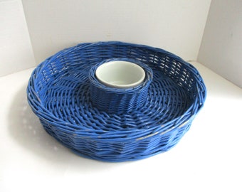 Vintage Wicker Chip Dip Tray Large Blue White Stoneware Bowl