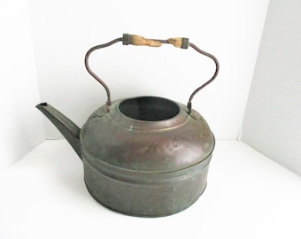 Vintage Copper Kettle Large Decorative Planter Wood Handle