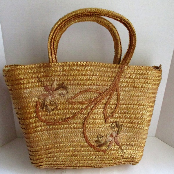 Vintage Straw Tote Bag Woven Dragonfly Design Lined Beach Bag