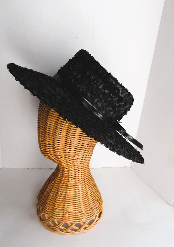 Vintage Ladies Hat Black Wide Brim Straw Woven Lac