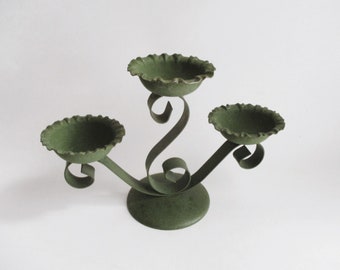 Vintage Compote Candleholder Olive Green Wrought Iron
