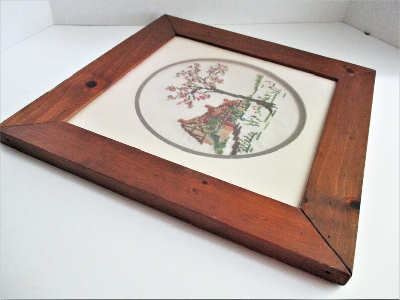 Vintage Framed Cross Stitch Square Pine Wood Frame House Scene - Etsy