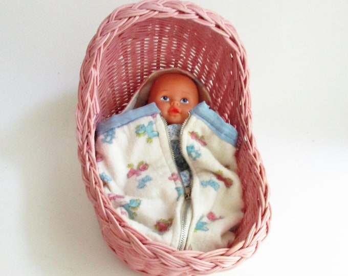 Vintage Bean Bag Baby Doll Pink Wicker Cradle Small Basket
