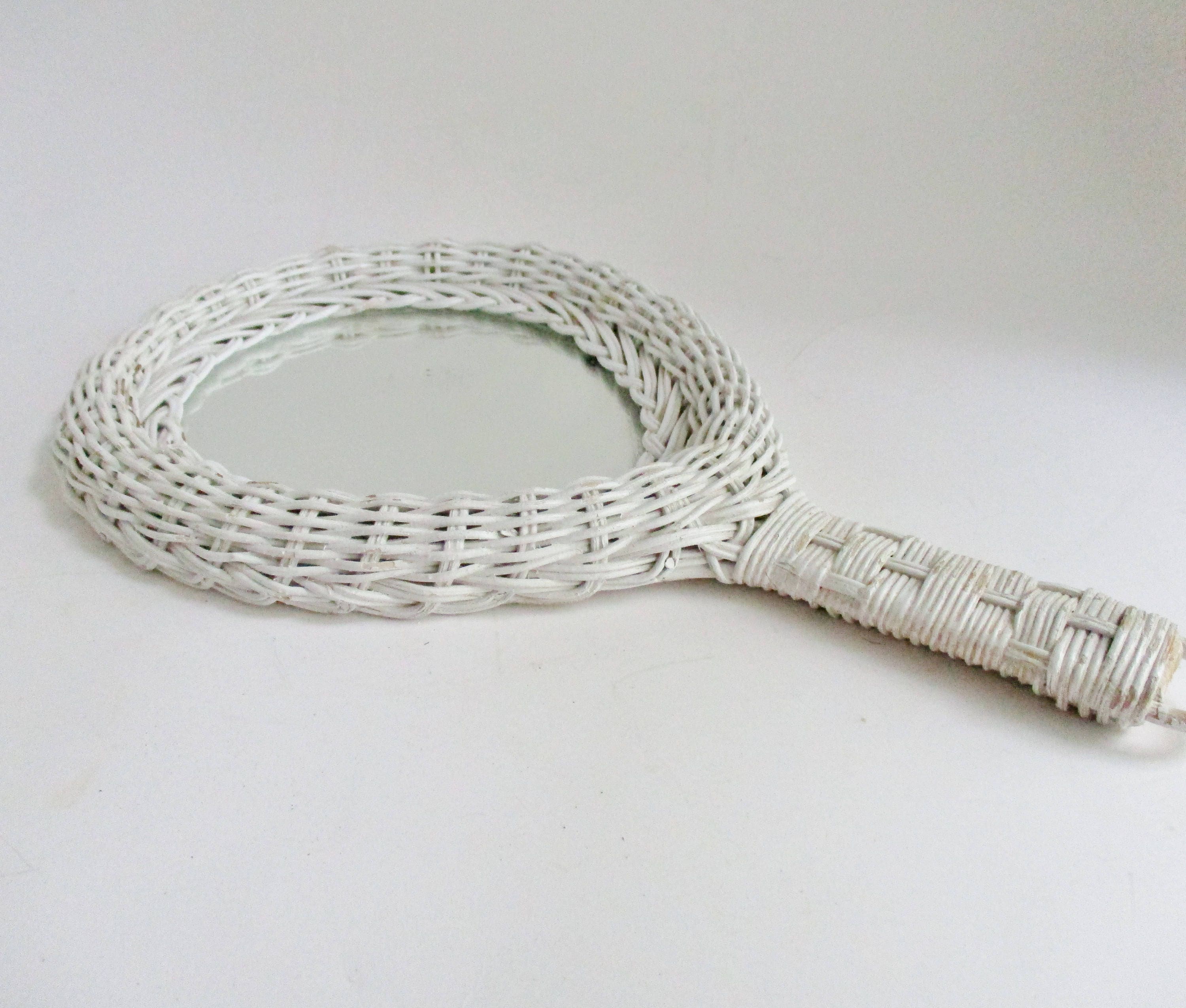 Vintage Wicker Hand Mirror White Wicker Vanity Accessory Oval Etsy