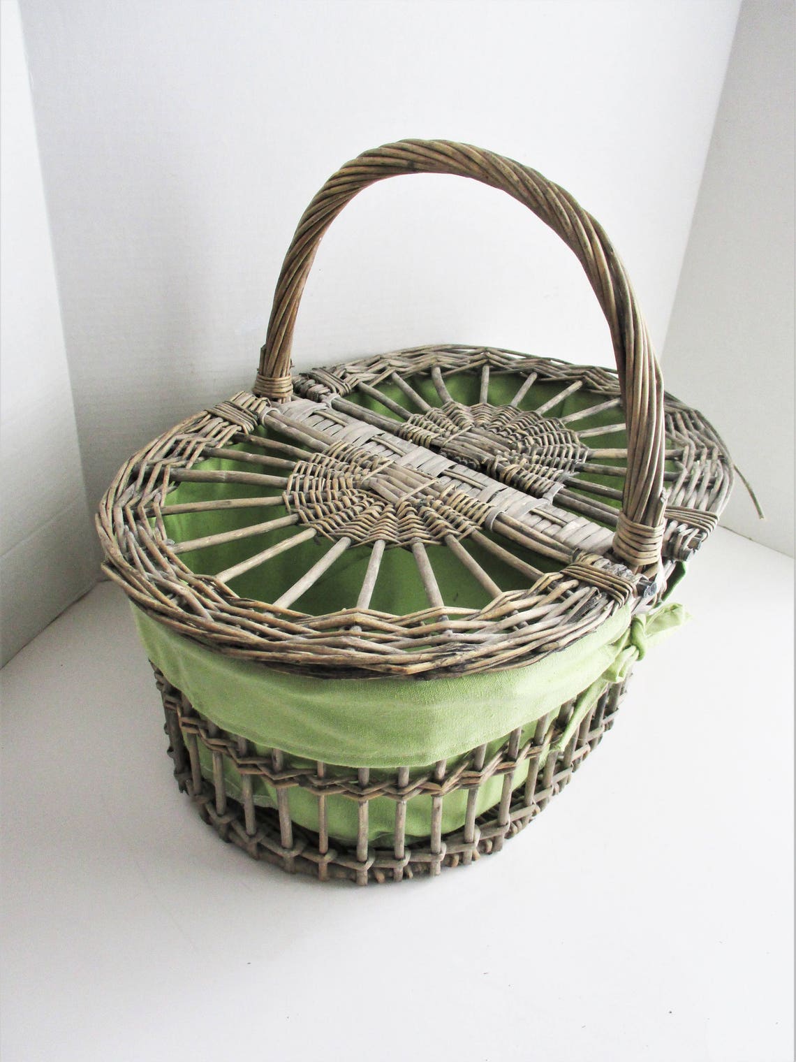 Vintage Picnic Basket Large Gray Wicker Double Flip Top Woven Etsy