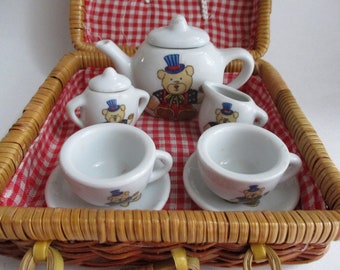 Vintage Childs Tea Set for 2 Teddy Bear Americana Miniature Porcelain Wicker Basket