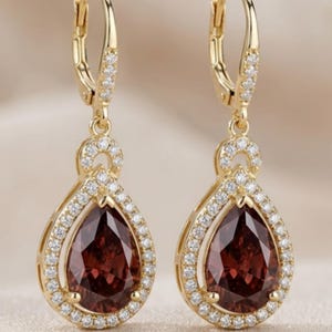 5ct Pear Cut Red Ruby Diamond Drop Earring For Women's 14k Yellow Gold Plated