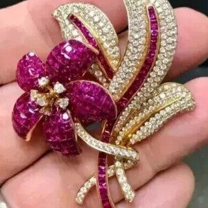 2 Ct Princess Cut Lab-Created Pink Ruby Flower Brooch, 14K Gold Plated