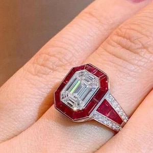 4ct Emerald Cut Diamond Ruby Halo Engagement Ring, Sterling Silver 14K White Gold Plated