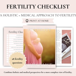May include: A fertility checklist with the title "Fertility Checklist" and the text "A Holistic + Medical Approach to Fertility". The image shows a pregnant person in a pink dress, and a print-at-home icon.